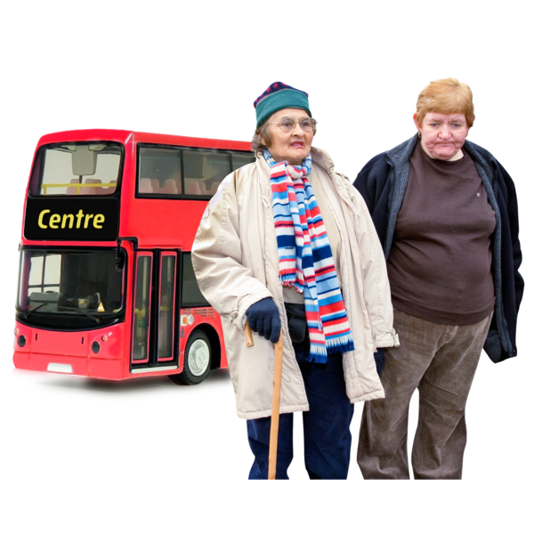 Bus Travel Two people standing next to a bus