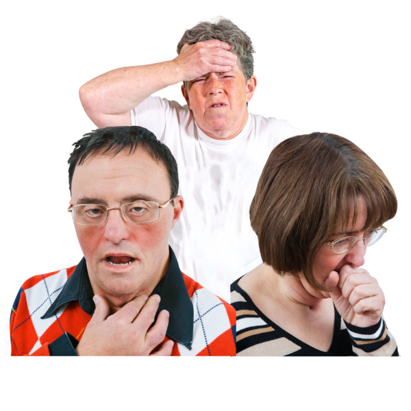 Image of typical Coronavirus symptoms: a man with a fever, a man with a sore throat, and a woman coughing